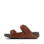 Men GOGH MOC Adjustable Leather Slides Fitflop 882F116 Dark Tan