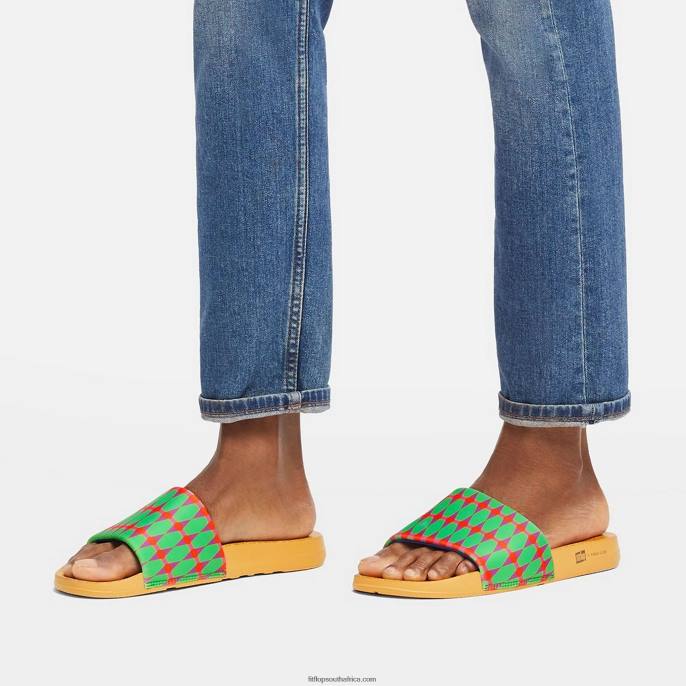 Men IQUSHION X YINKA ILORI Water-Resistant Slides Fitflop 882F211 Green/Fiery Red - Image 2