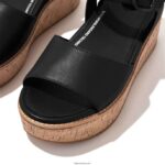 Women ELOISE Cork-Wrap Leather Wedge Sandals Fitflop 882F64 Black - Image 4