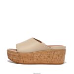 Women ELOISE Cork-Wrap Leather Wedge Slides Fitflop 882F152 Stone Beige