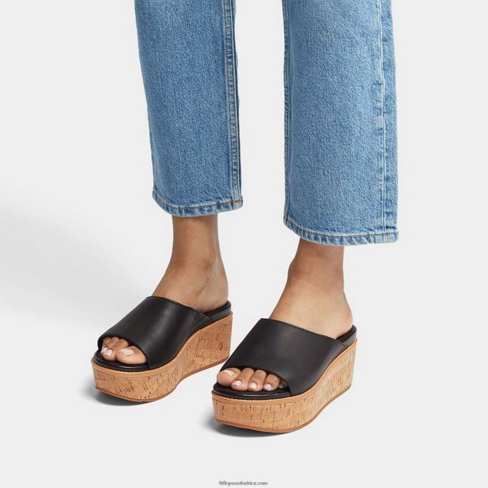 Women ELOISE Cork-Wrap Leather Wedge Slides Fitflop 882F153 Black - Image 2