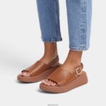 Women F-MODE Leather Flatform Back-Strap Sandals Fitflop 882F42 Light Tan - Image 2