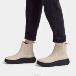 Women F-MODE Leather Flatform Chelsea Boots Fitflop 882F302 Stone Beige - Image 2