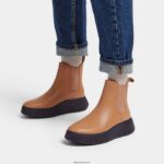 Women F-MODE Leather Flatform Chelsea Boots Fitflop 882F303 Latte Tan - Image 2