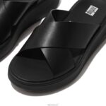 Women F-MODE Leather Flatform Cross Slides Fitflop 882F170 All Black - Image 3