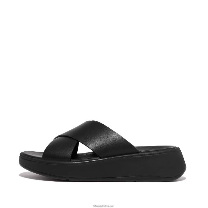Women F-MODE Leather Flatform Cross Slides Fitflop 882F170 All Black - Image 1