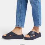 Women F-MODE Leather Flatform Cross Slides Fitflop 882F171 Midnight Navy - Image 2