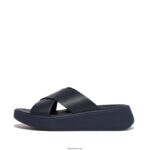 Women F-MODE Leather Flatform Cross Slides Fitflop 882F171 Midnight Navy