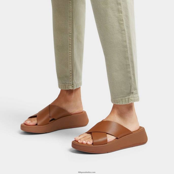 Women F-MODE Leather Flatform Cross Slides Fitflop 882F173 Light Tan - Image 2