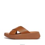 Women F-MODE Leather Flatform Cross Slides Fitflop 882F173 Light Tan