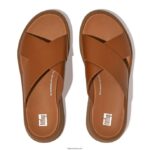 Women F-MODE Leather Flatform Cross Slides Fitflop 882F173 Light Tan - Image 3