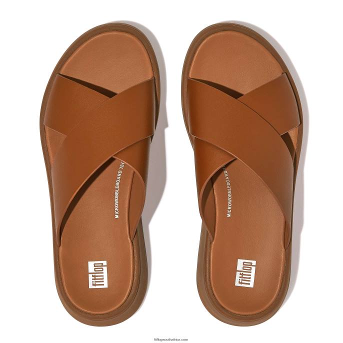 Women F-MODE Leather Flatform Cross Slides Fitflop 882F173 Light Tan - Image 3