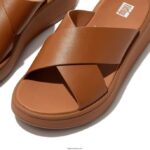 Women F-MODE Leather Flatform Cross Slides Fitflop 882F173 Light Tan - Image 4