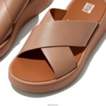 Women F-MODE Leather Flatform Cross Slides Fitflop 882F174 Beige - Image 3