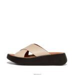 Women F-MODE Luxe Leather Flatform Cross Slides Fitflop 882F160 Beige/Black