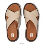 Women F-MODE Luxe Leather Flatform Cross Slides Fitflop 882F160 Beige/Black - Image 4
