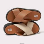 Women F-MODE Luxe Leather Flatform Cross Slides Fitflop 882F160 Beige/Black - Image 5