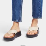 Women F-MODE Luxe Leather Flatform Toe-Post Sandals Fitflop 882F127 Beige/Black - Image 2