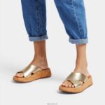 Women F-MODE Metallic Leather/Cork Flatform Cross Slides Fitflop 882F161 Platino - Image 2