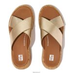 Women F-MODE Metallic Leather/Cork Flatform Cross Slides Fitflop 882F161 Platino - Image 3
