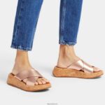 Women F-MODE Metallic Leather/Cork Flatform Cross Slides Fitflop 882F162 Rose Gold - Image 2