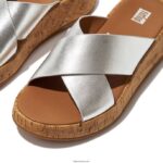 Women F-MODE Metallic Leather/Cork Flatform Cross Slides Fitflop 882F163 Silver - Image 4
