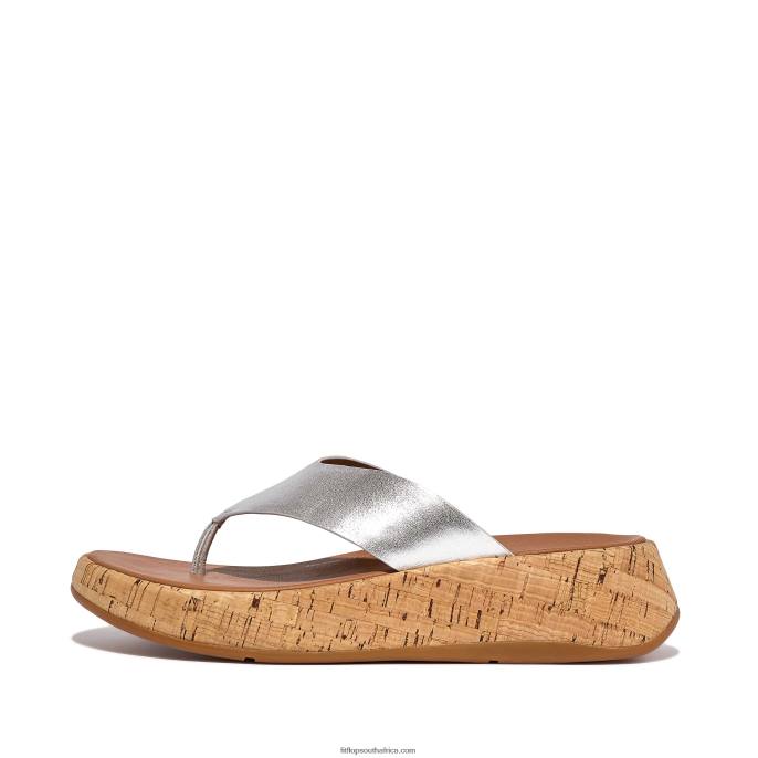 Women F-MODE Metallic Leather/Cork Flatform Toe-Post Sandals Fitflop 882F128 Silver - Image 1