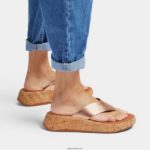 Women F-MODE Metallic Leather/Cork Flatform Toe-Post Sandals Fitflop 882F129 Rose Gold - Image 2