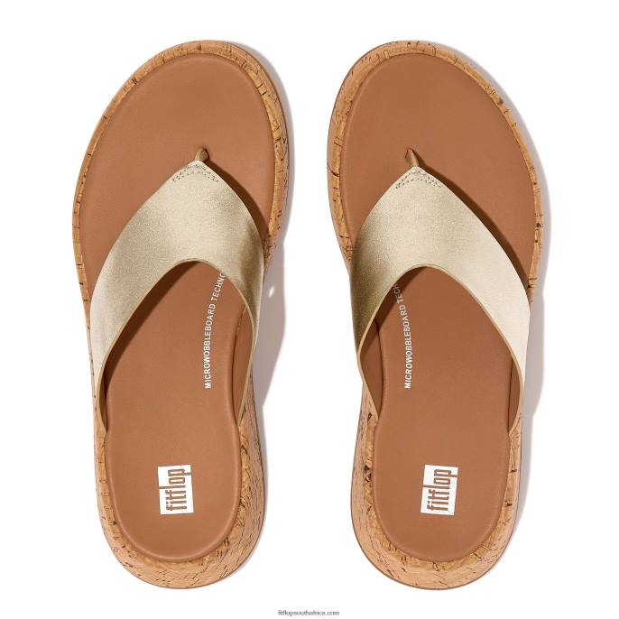 Women F-MODE Metallic Leather/Cork Flatform Toe-Post Sandals Fitflop 882F130 Platino - Image 4