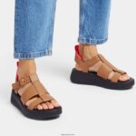 Women F-MODE Neon-Pop Leather Flatform Fisherman Sandals Fitflop 882F48 Latte Tan/Orange - Image 2