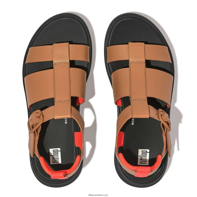 Women F-MODE Neon-Pop Leather Flatform Fisherman Sandals Fitflop 882F48 Latte Tan/Orange - Image 4