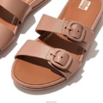 Women GRACIE Buckle Two-Bar Leather Slides Fitflop 882F80 Beige - Image 3
