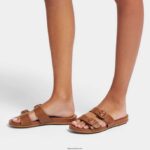 Women GRACIE Buckle Two-Bar Leather Slides Fitflop 882F81 All Tan - Image 2