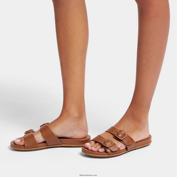 Women GRACIE Buckle Two-Bar Leather Slides Fitflop 882F81 All Tan - Image 2