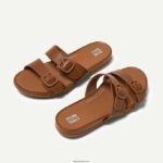 Women GRACIE Buckle Two-Bar Leather Slides Fitflop 882F81 All Tan - Image 4