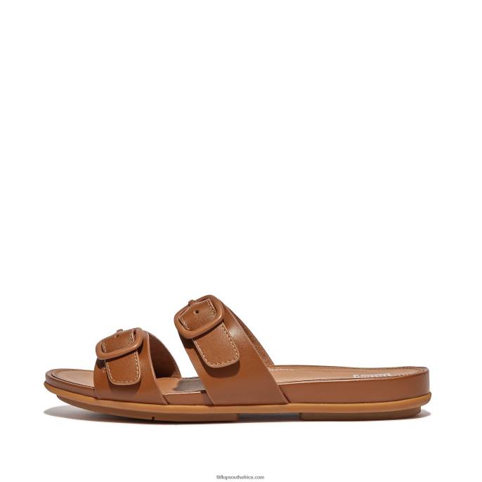 Women GRACIE Buckle Two-Bar Leather Slides Fitflop 882F81 All Tan - Image 1