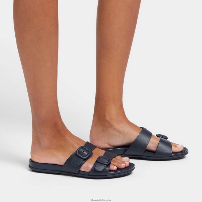 Women GRACIE Buckle Two-Bar Leather Slides Fitflop 882F82 Midnight Navy - Image 2