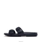 Women GRACIE Buckle Two-Bar Leather Slides Fitflop 882F82 Midnight Navy