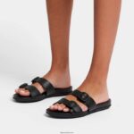 Women GRACIE Buckle Two-Bar Leather Slides Fitflop 882F83 All Black - Image 2