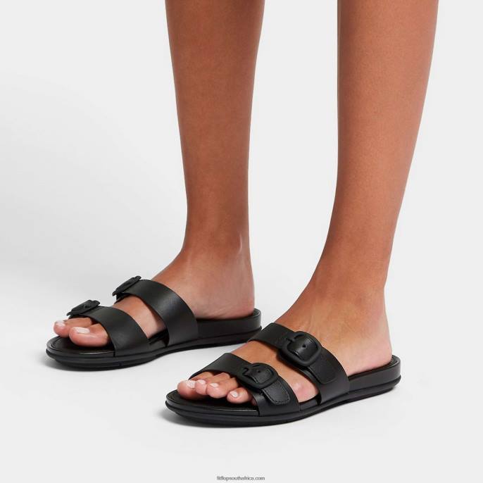 Women GRACIE Buckle Two-Bar Leather Slides Fitflop 882F83 All Black - Image 2