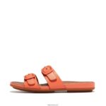 Women GRACIE Buckle Two-Bar Leather Slides Fitflop 882F84 Sunshine Coral