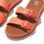 Women GRACIE Buckle Two-Bar Leather Slides Fitflop 882F84 Sunshine Coral - Image 3