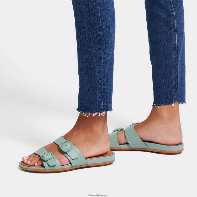 Women GRACIE Buckle Two-Bar Leather Slides Fitflop 882F85 Cool Blue - Image 2