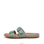 Women GRACIE Buckle Two-Bar Leather Slides Fitflop 882F85 Cool Blue