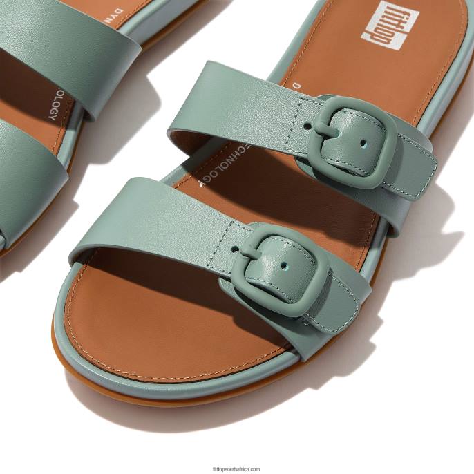 Women GRACIE Buckle Two-Bar Leather Slides Fitflop 882F85 Cool Blue - Image 3
