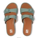 Women GRACIE Buckle Two-Bar Leather Slides Fitflop 882F85 Cool Blue - Image 4