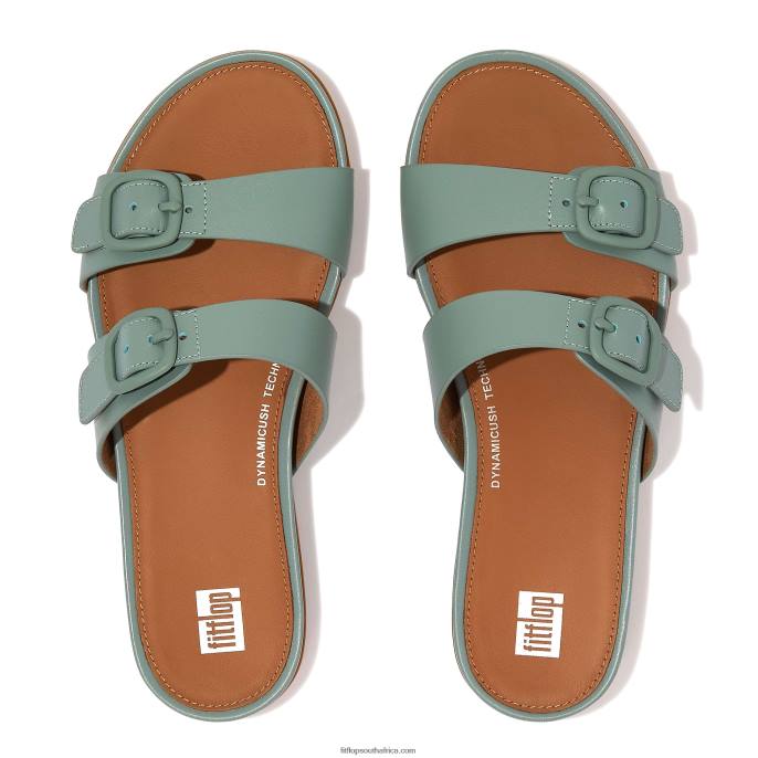 Women GRACIE Buckle Two-Bar Leather Slides Fitflop 882F85 Cool Blue - Image 4