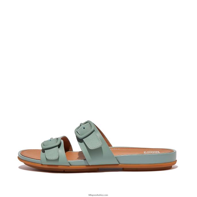 Women GRACIE Buckle Two-Bar Leather Slides Fitflop 882F85 Cool Blue - Image 1