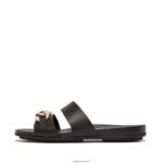 Women GRACIE Chain Leather Two-Bar Slides Fitflop 882F169 Black