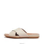 Women GRACIE Leather Cross Slides Fitflop 882F194 Stone Beige